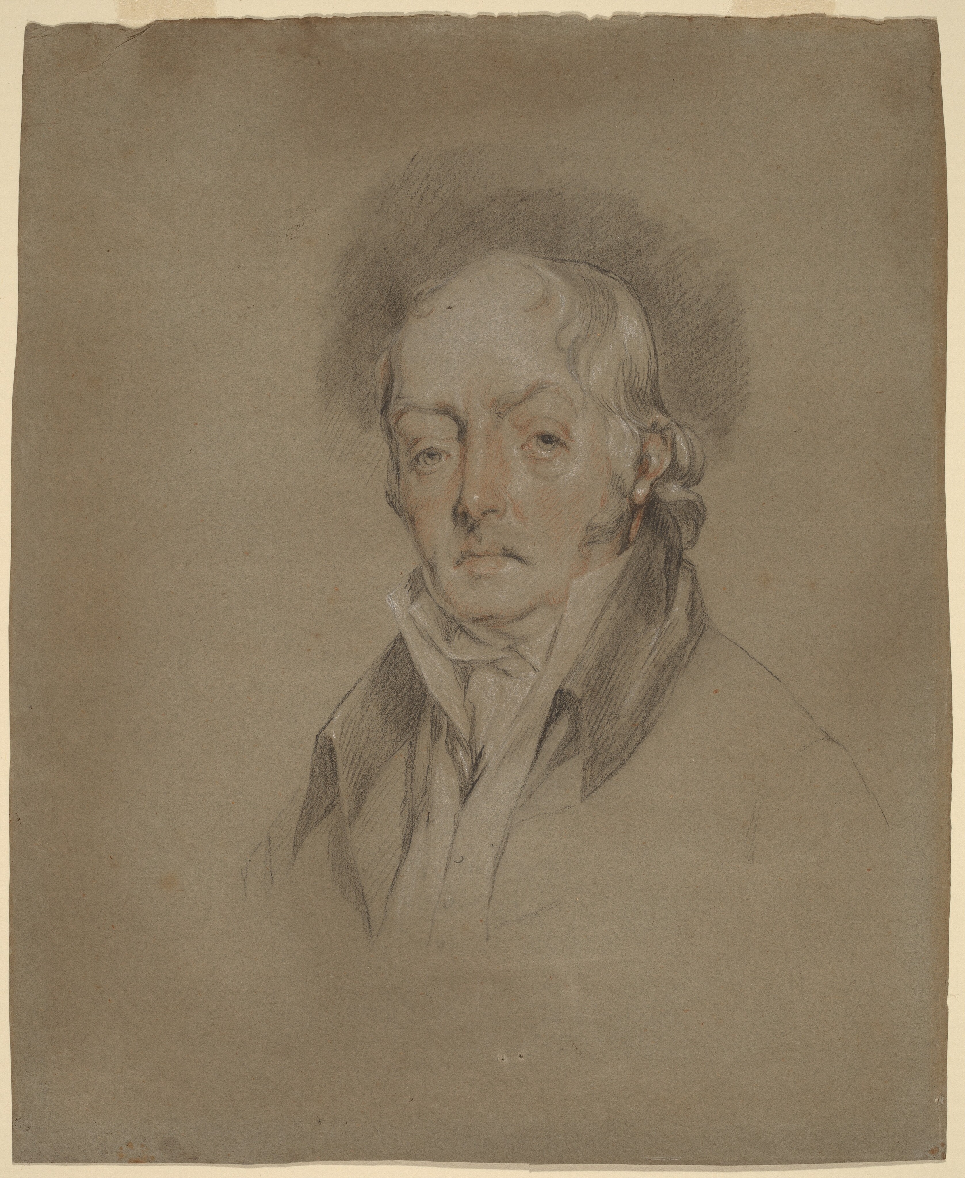 The image shows a man in a head-and-shoulders portrait. He is slightly positioned to the right, facing forward. The man has a high forehead, slightly furrowed brow, deep-set eyes, and light, thin hair styled back. He is wearing a collared garment with a high white neckcloth tied around his neck. The background is simple and neutral-toned.